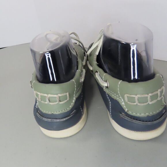 Cabelas Navy Blue Sage Green Leather Boat Shoes Mens Size 9.5 Deck Loafers